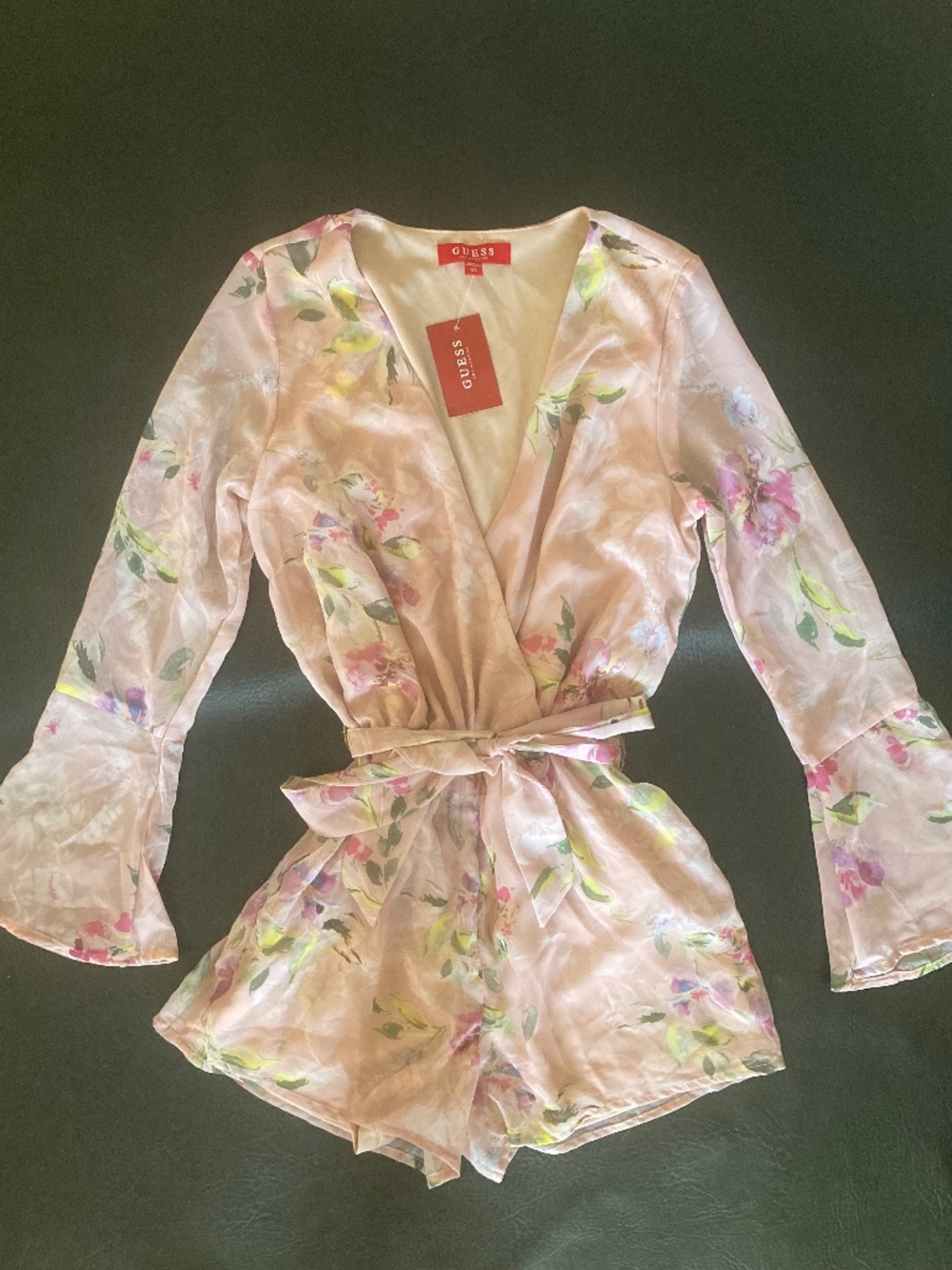 NWT Guess blush pink wrap sheer floral tie long sleeve ruffle top romper xs
